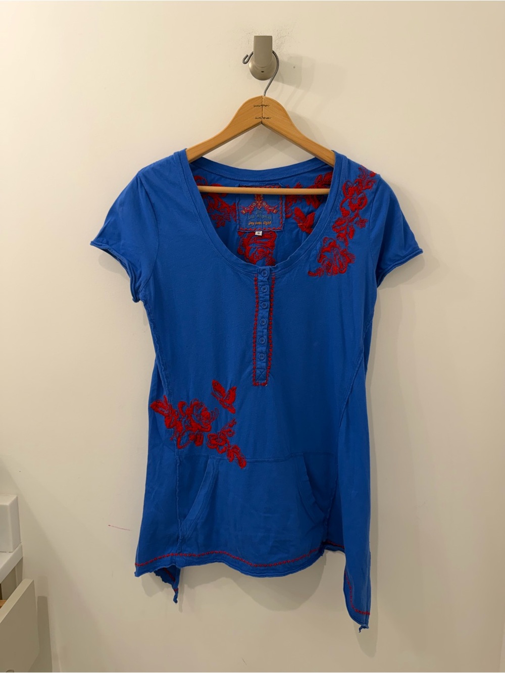 Johnny Was Embroidered Short Sleeve Asymmetrical Henley Top